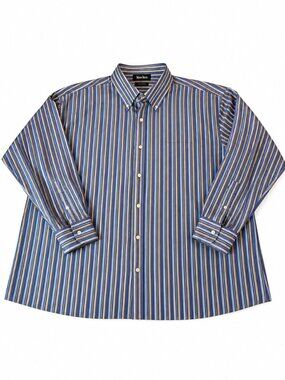 Neiman Marcus Mens XXL Striped Dress Shirt Blue Gold Cotton Wrinkle Free